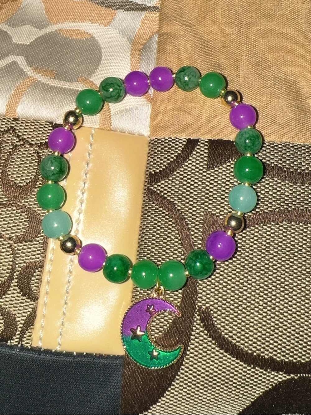 Purple & Green Beaded Moon Charm Bracelet💜🌿